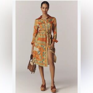 Farm Rio x Anthropologie Tropic of the Macaws belted button shirt dress orange